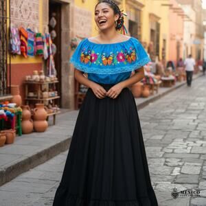Mexican womans Blue Blouse with butterflies